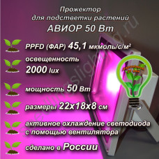 50Вт "Авиор" Фито прожектор для растений с активным охлаждением фитодиода, для домашних и комнатных растений, фитосада и флорариумов 50Вт "Авиор" Фито прожектор для растений с активным охлаждением фитодиода, для домашних и комнатных растений, фитосада и флорариумов